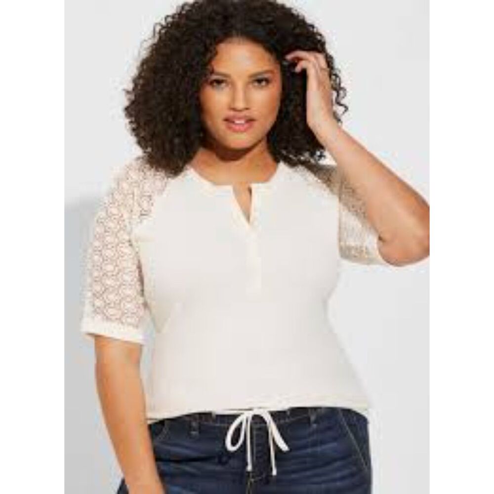 Torrid Fitted Super Soft Rib Lace Inset Raglan Henley Size 2 XXL Casual Cream